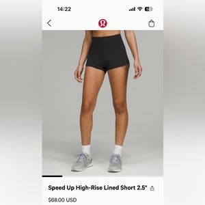 Lululemon speed up high rised lined short 2.5” size 6